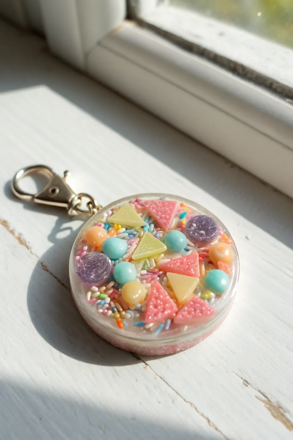 Candy confetti resin charm flat-lay in bright pastels on crisp white for playful minimal vibes