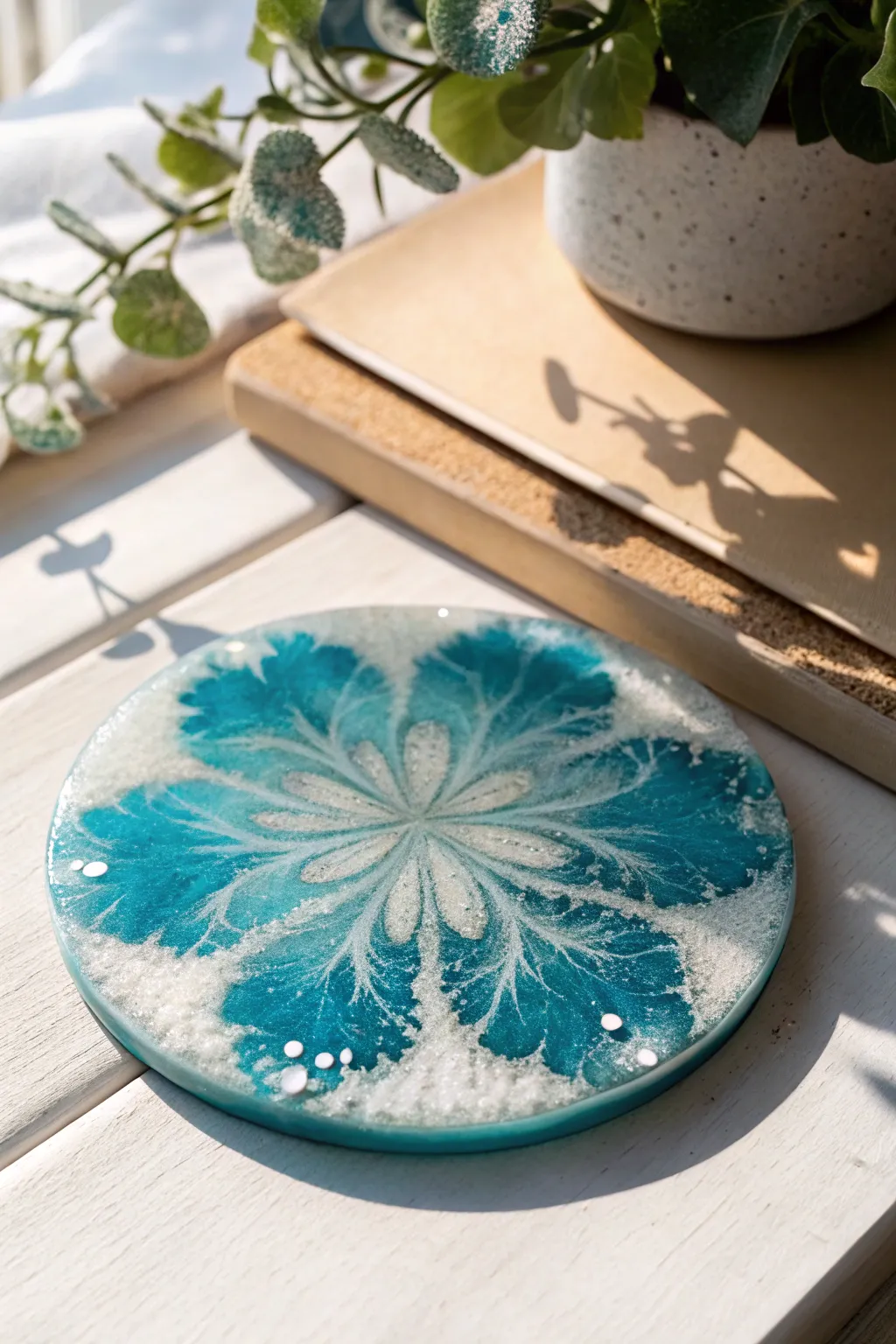 Bloom White cells lace across bold turquoise, turning a simple coaster into sea-spray art.