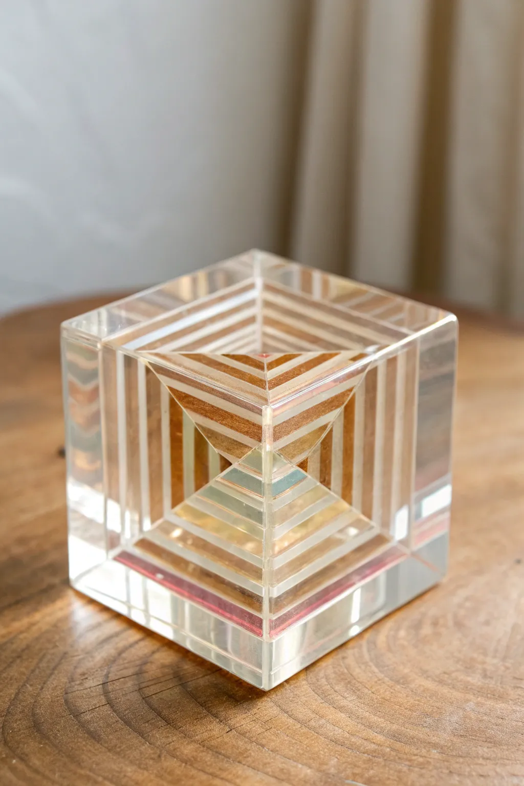 Optical illusion resin cube with layered depth and bold color planes, minimal Scandinavian vibe