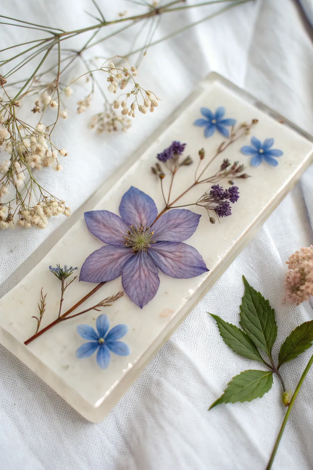 Soft tinted resin haze behind a pressed bloom, a minimalist Scandinavian-boho floral keepsake
