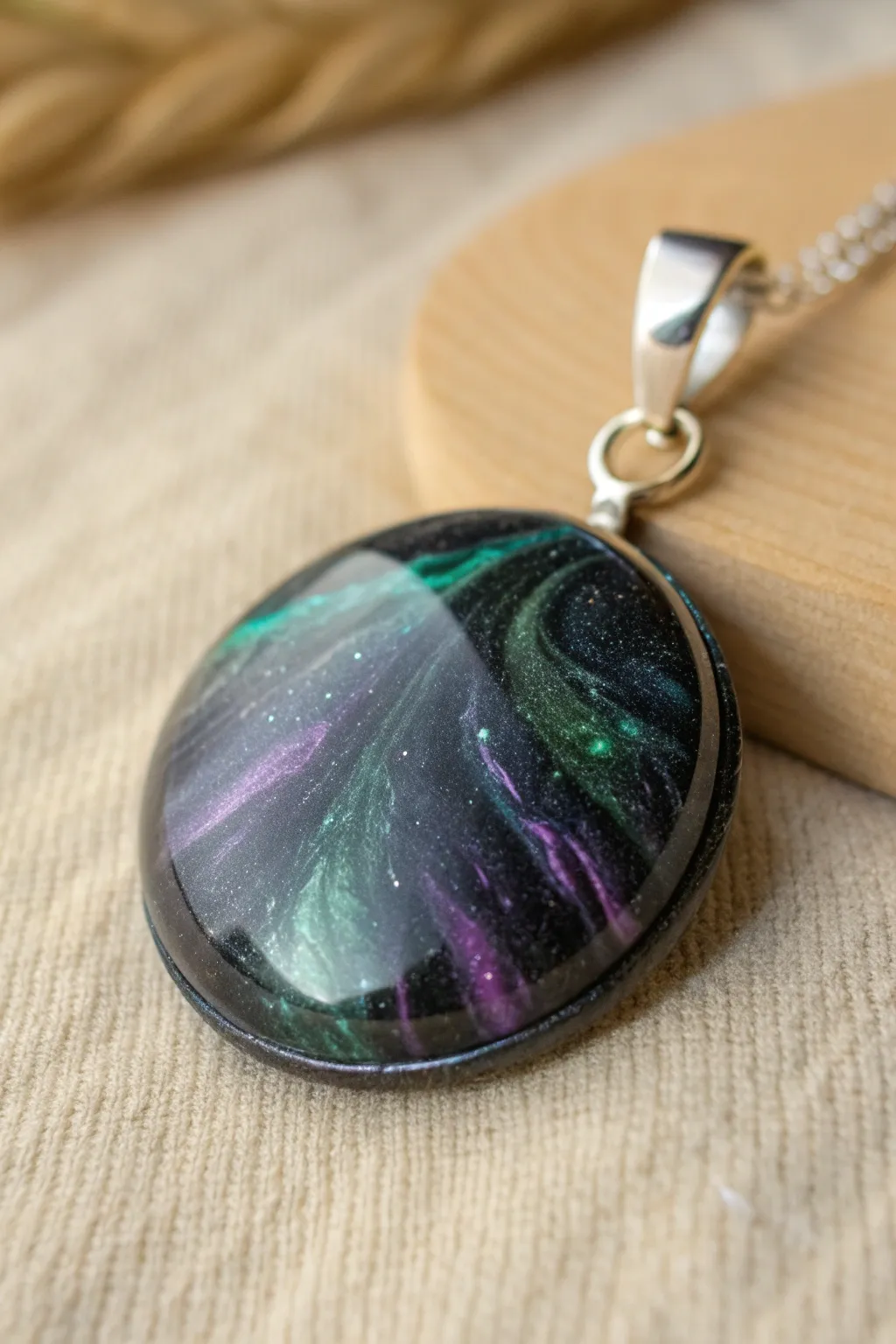 Aurora Sky resin pendant with green-purple ribbons glowing against deep midnight black
