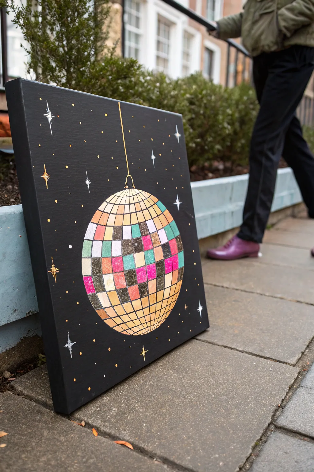 Retro disco-night painting idea: dark minimalist canvas, tiled disco ball, bold neon glow