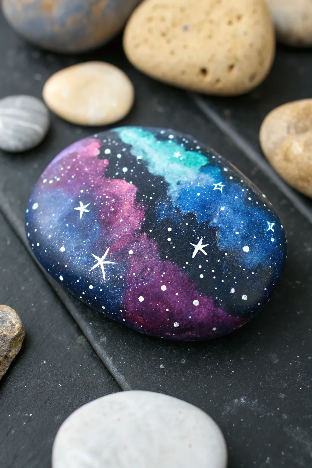 Galaxy night-sky river rock: bold nebula colors and starry speckles on a sleek black backdrop
