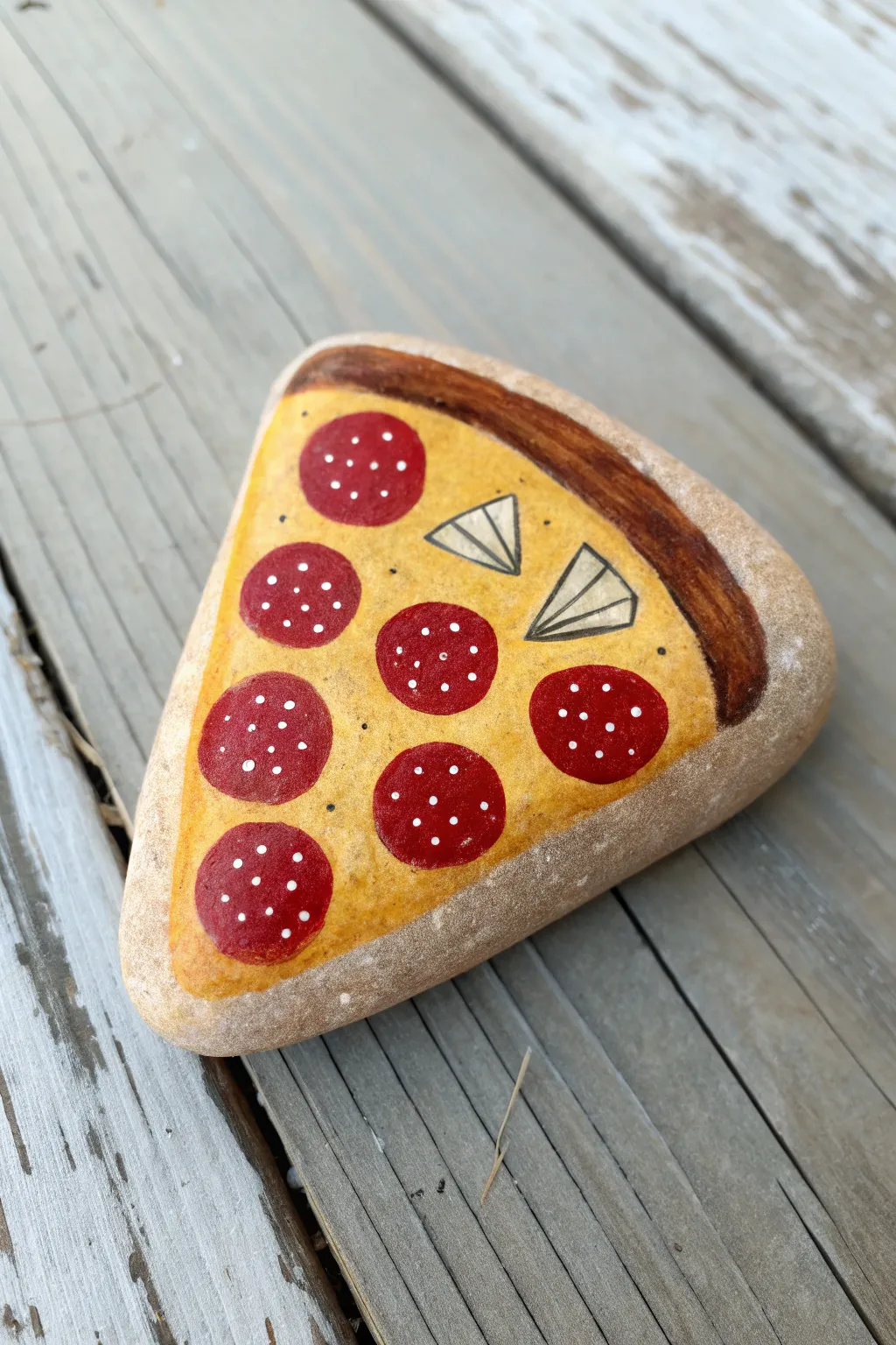 Easy pizza slice rock painting idea with bold colors, clean shapes, and cozy handmade charm.