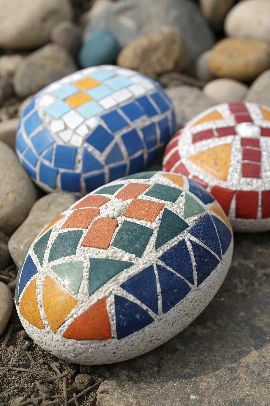 Bold mosaic-painted rocks on pale gravel for a modern patio garden pop of color
