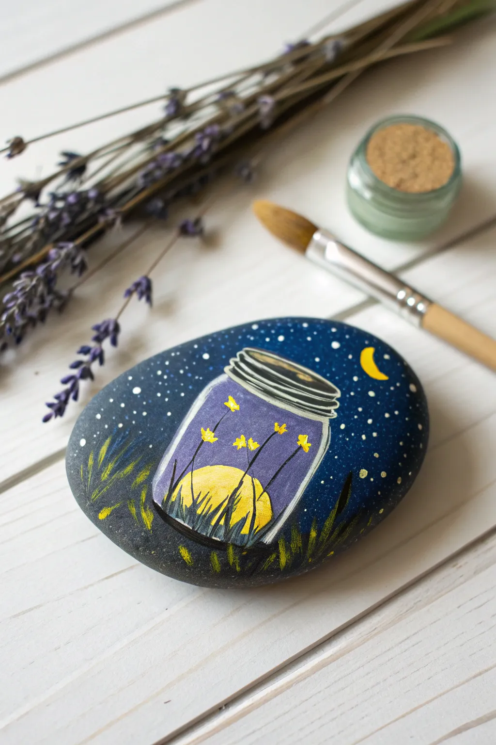 Capture the magic of summer nights with this vivid glowing firefly jar painted rock.