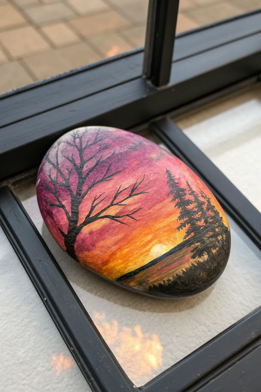 Paint a twilight window on a rock: crisp black panes over a glowing sunset gradient at dusk.