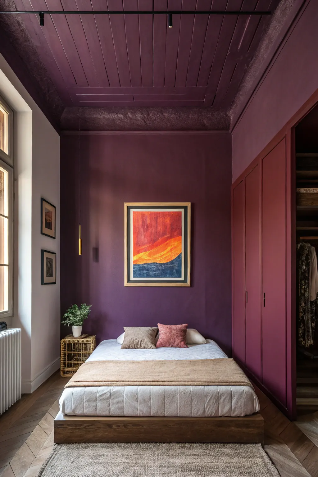 Color drenching in deep aubergine with one bold artwork makes contrast the star of the room.