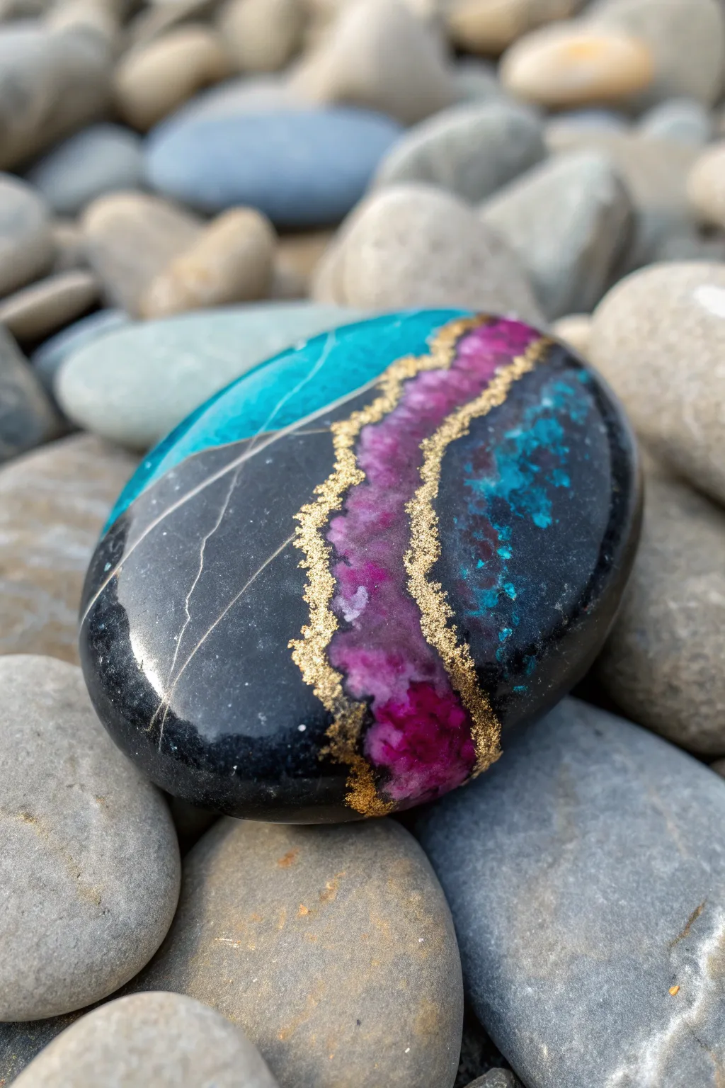Cracked geode illusion rock art with bold crystal colors for a minimalist boho vibe.
