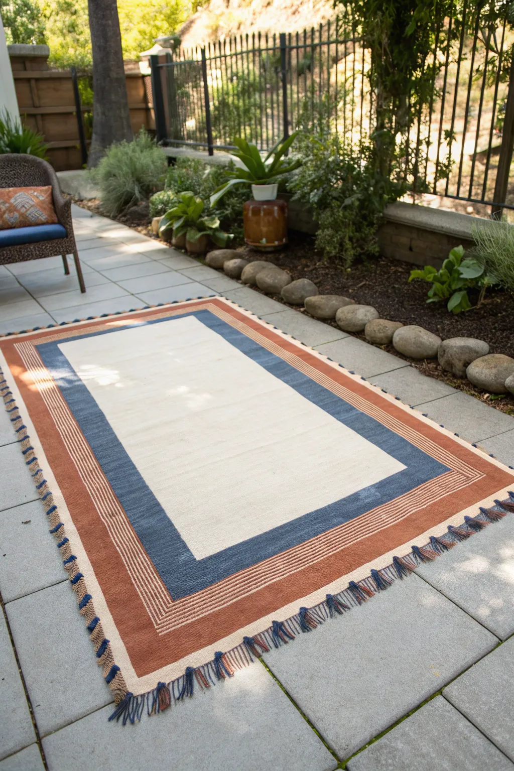 DIY outdoor faux rug on concrete: taped edges and a bold boho border, minimalist Scandinavian vibe
