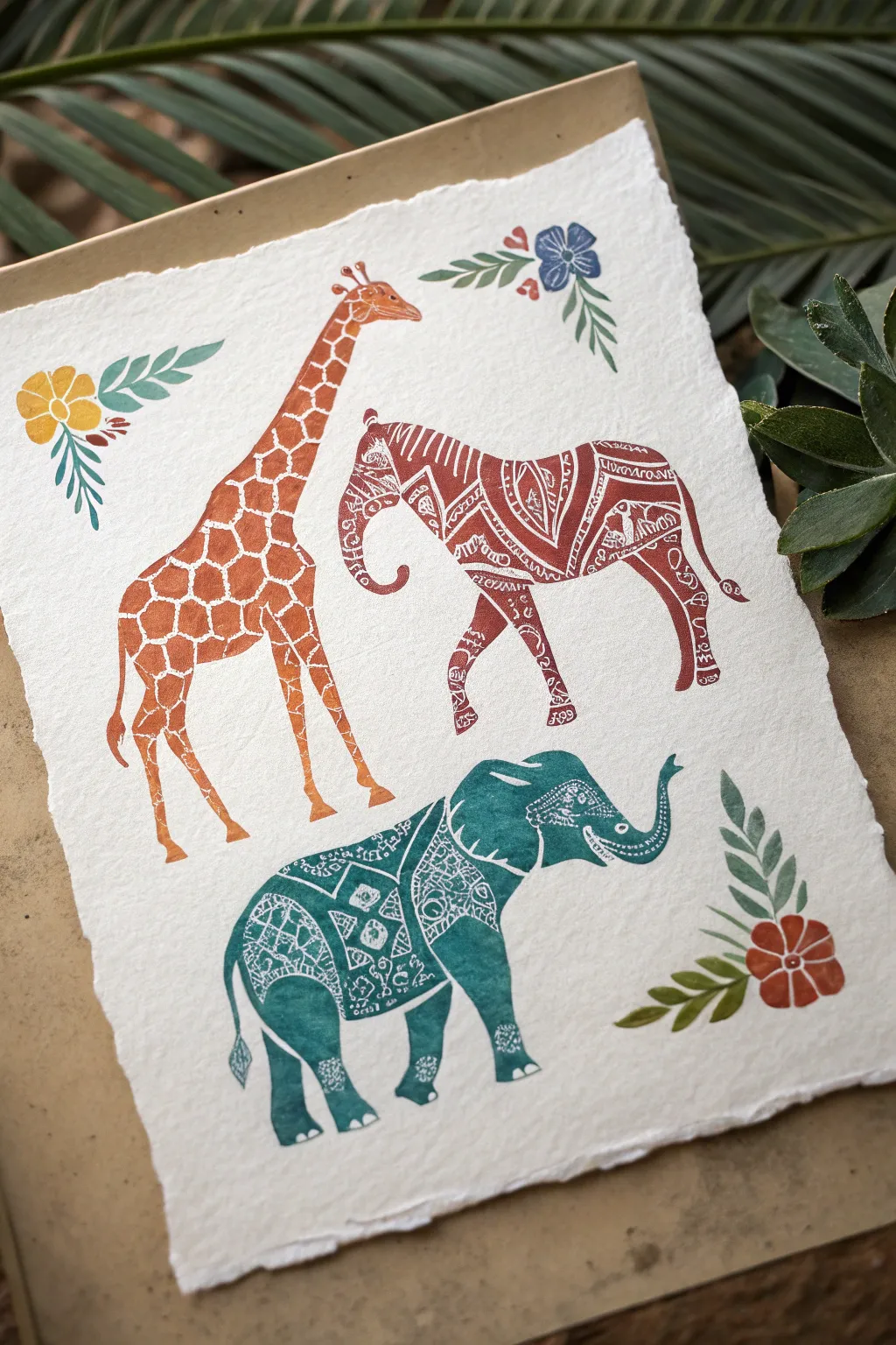 Patterned folk-art safari animals in bold flat colors on a calm, minimalist savanna gradient