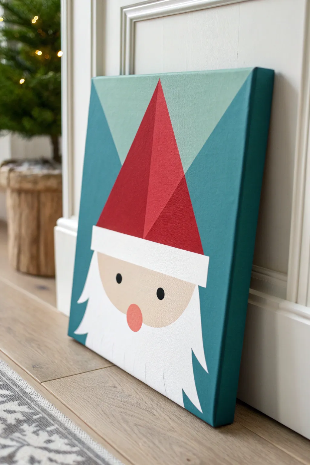 Minimalist Santa shapes in bold red and creamy white, Scandinavian-boho holiday painting idea