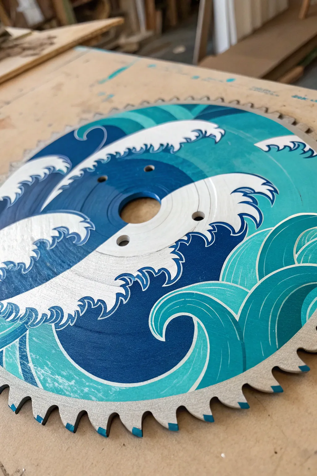 Ocean wave ring saw blade painting idea with bold blues and crisp foam for playful motion