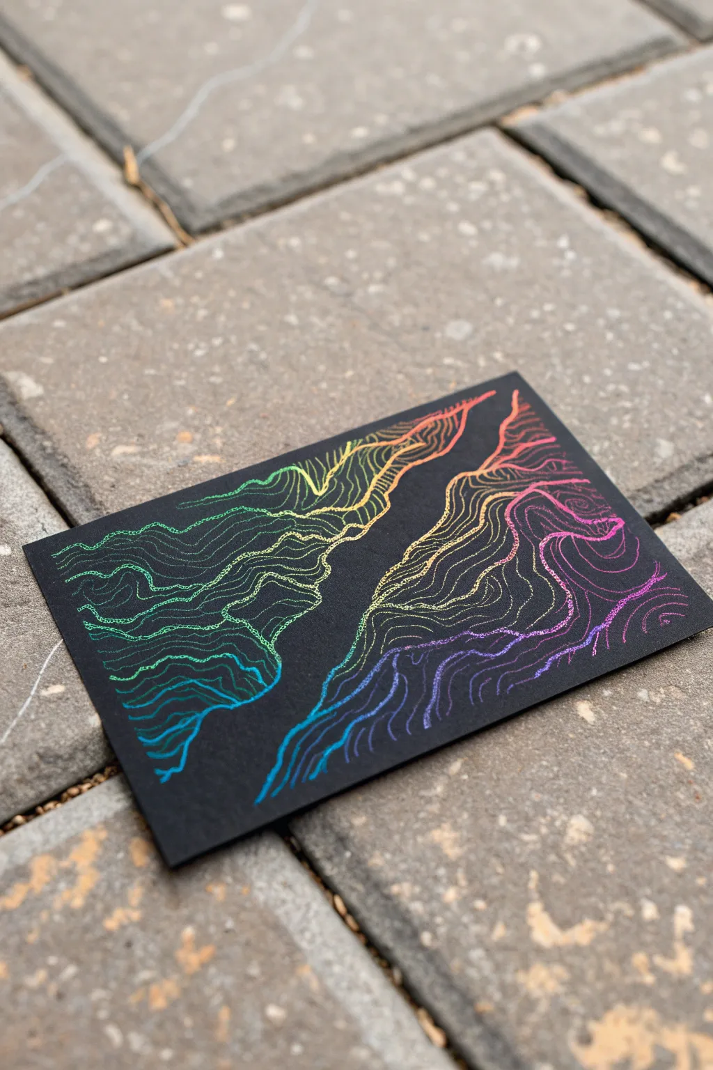 Scratch a bold topographic rainbow with flowing contour lines for a calm, modern boho look.