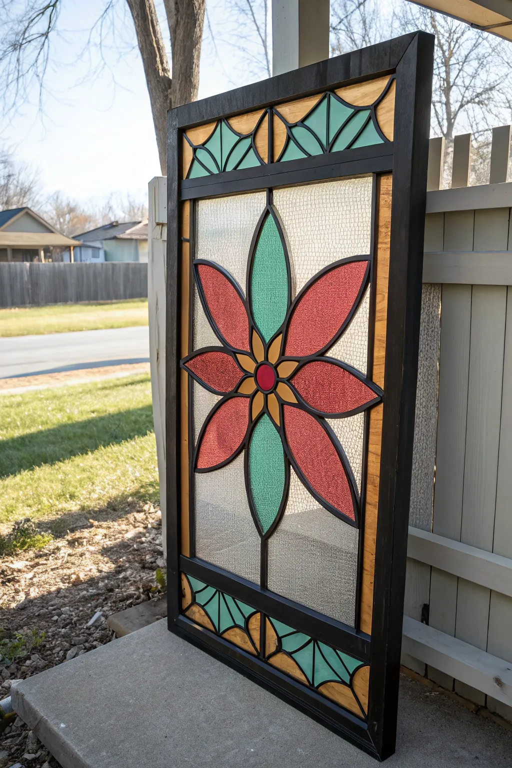 Bold faux stained glass on a window screen, glowing backlit with crisp negative space.