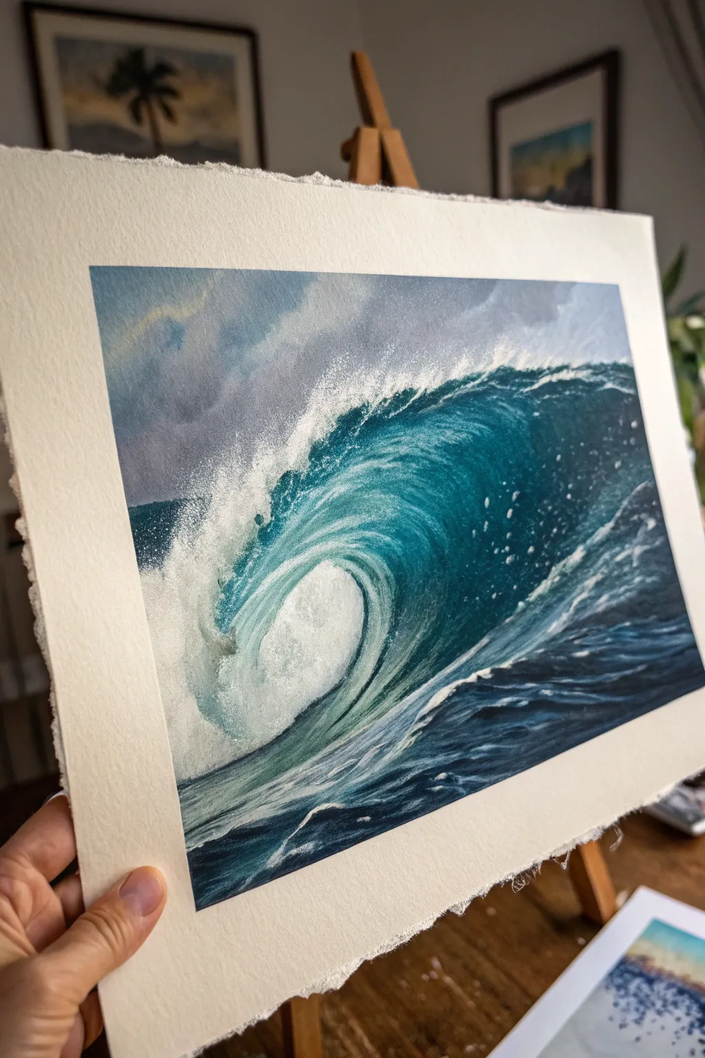 Paint a single curling wave: deep indigo undercurl, sea-glass glow, crisp foam details.