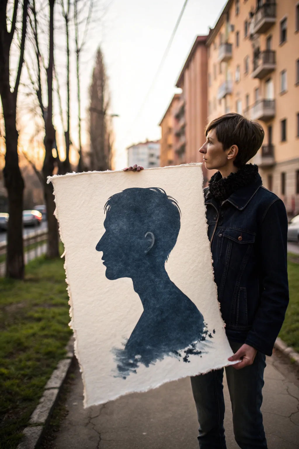 Minimal ink-wash silhouette self-portrait with soft blooms and drips, bold contrast, serene mood