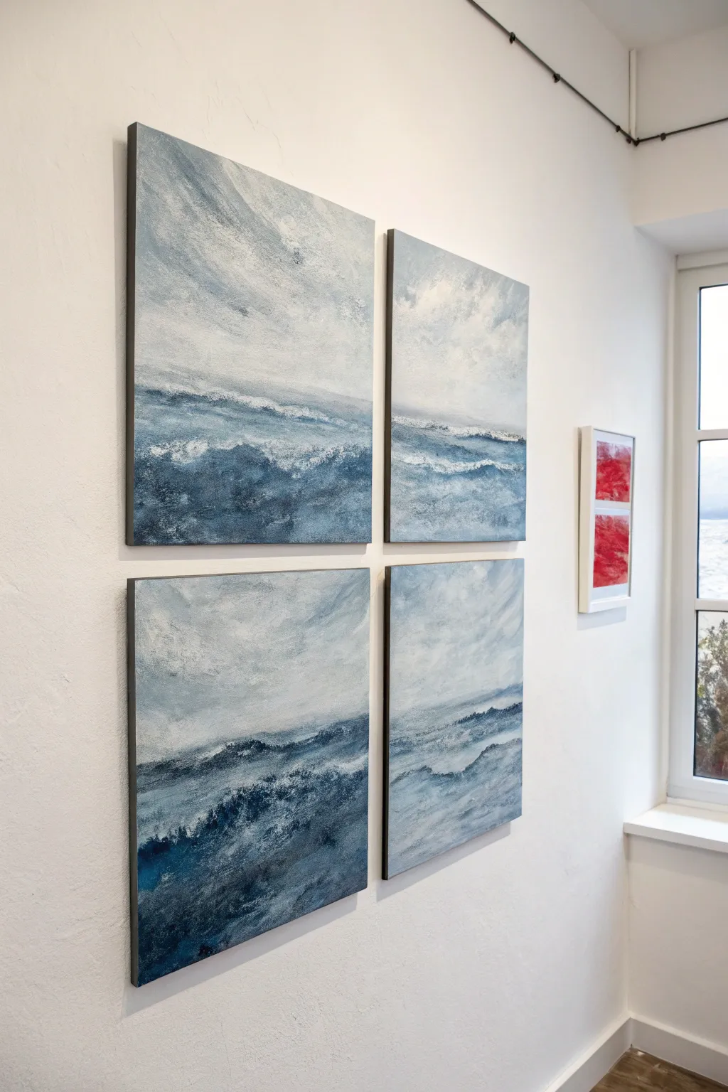 Monochrome blue-gray series with a tiny red accent to tie the set together—clean, modern, handmade.