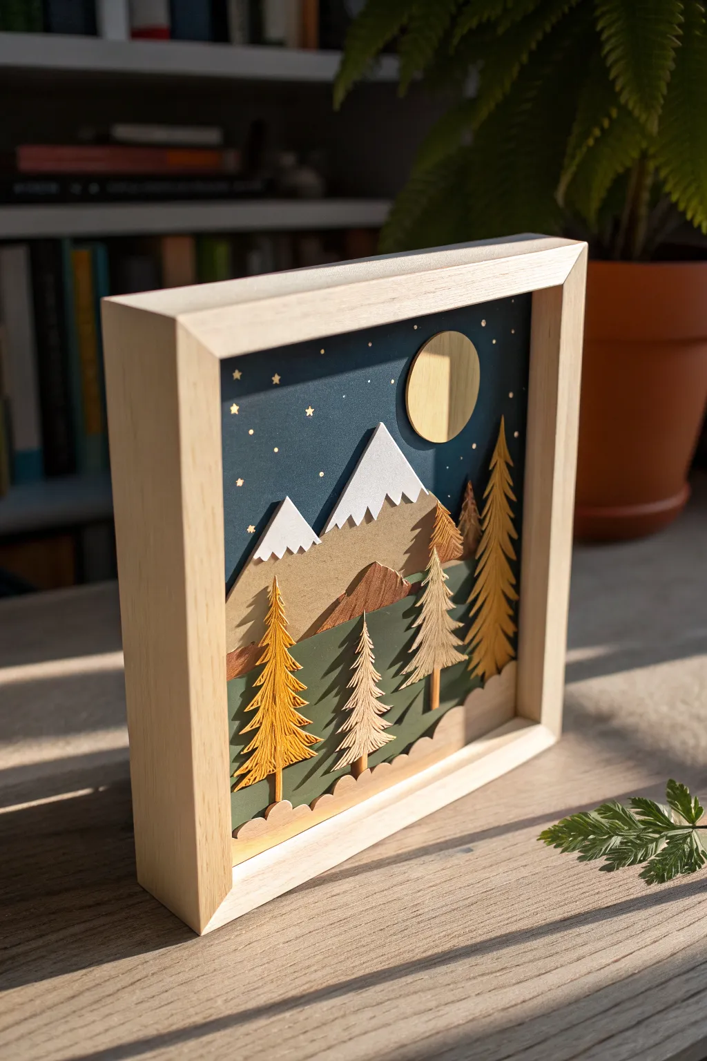Layered paper-cut landscape shadow box with moody side light for dreamy depth and shadows