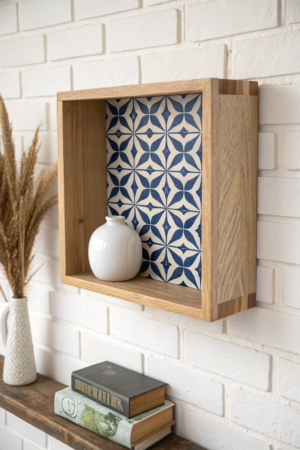 Stencil-painted shelf backing adds bold pattern while decor stays minimal and calm.