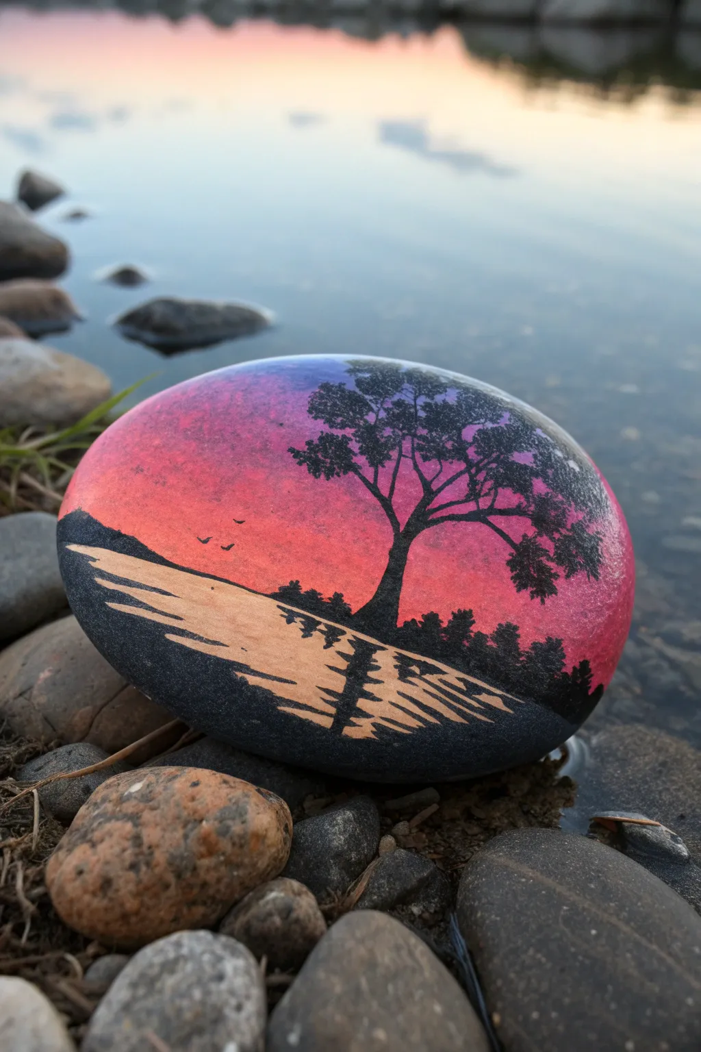 Lake reflection silhouette rock painting with a bold sunset gradient and crisp mirrored tree.