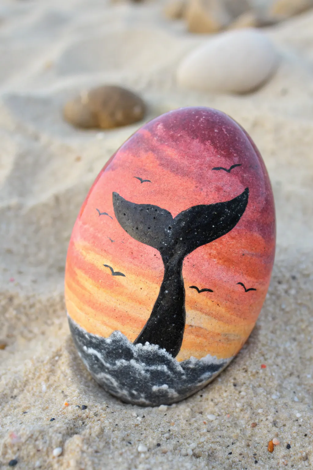 Paint a whale tail at sunset on a beach rock for a bold, minimalist boho decor moment