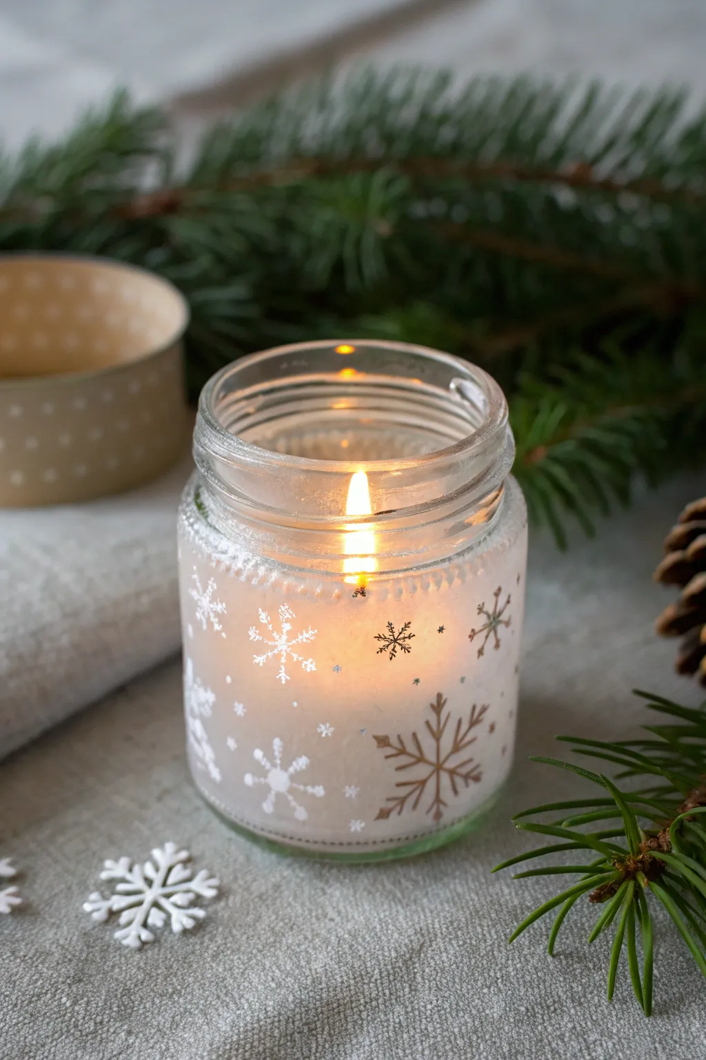 Cozy winter glow: a hand-painted snowflake tea light jar with warm candlelit contrast