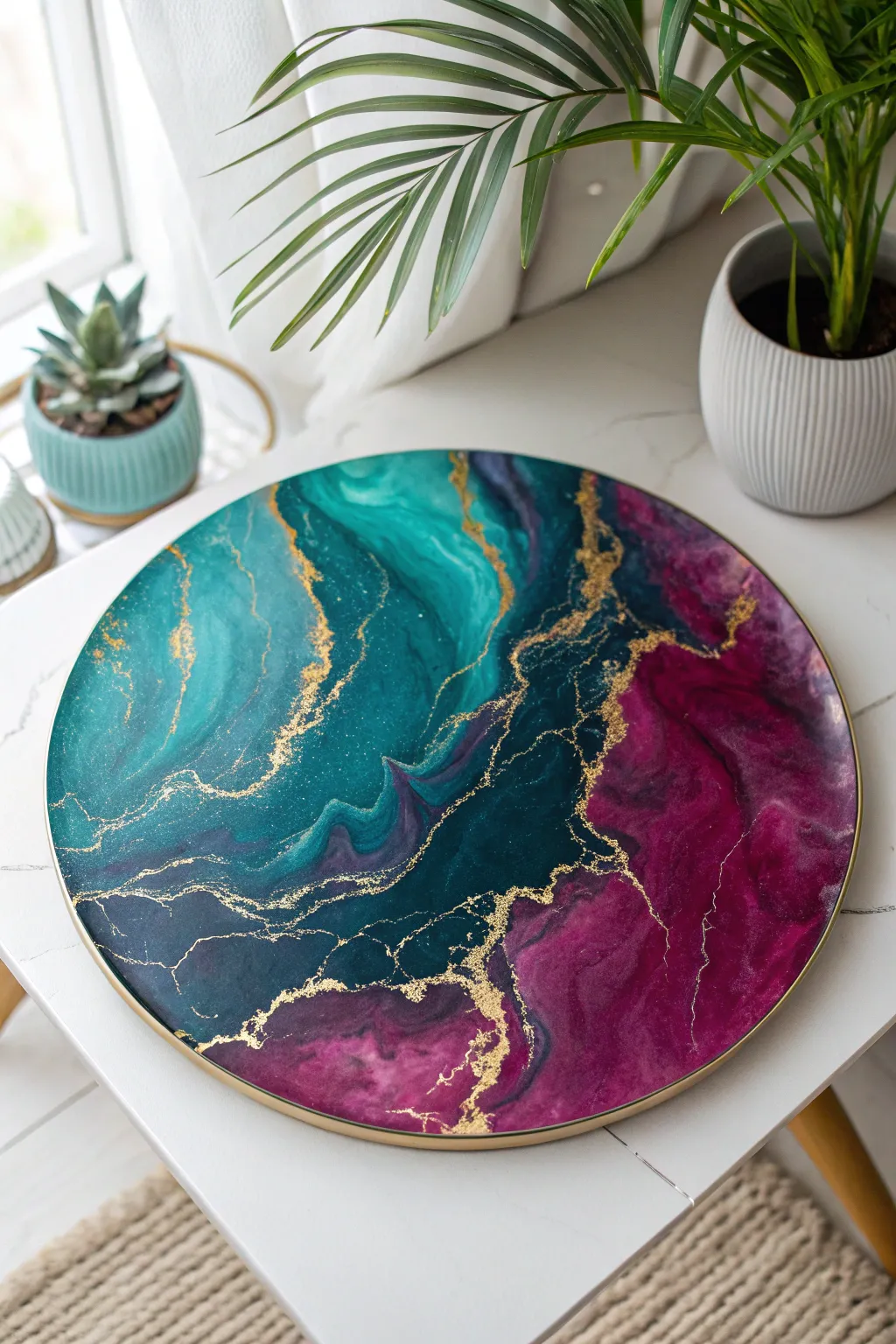Dive into fluid art with this stunning teal and gold abstract alcohol ink circle idea.