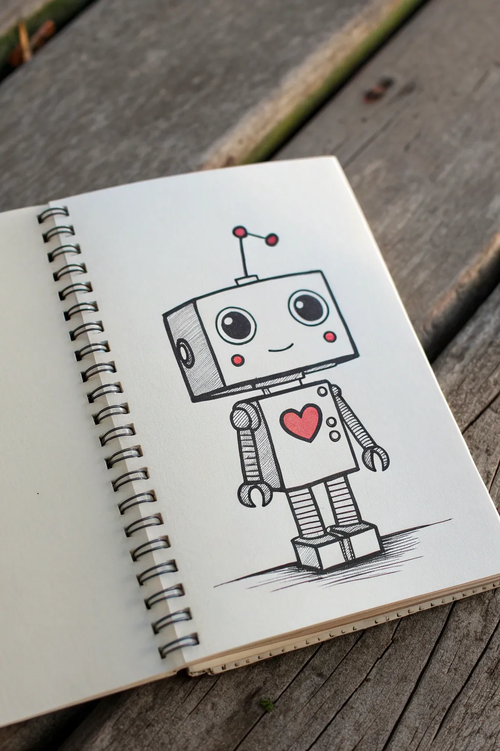 Boxy robot with big eyes and a tiny heart button, perfect for simple cute drawing practice