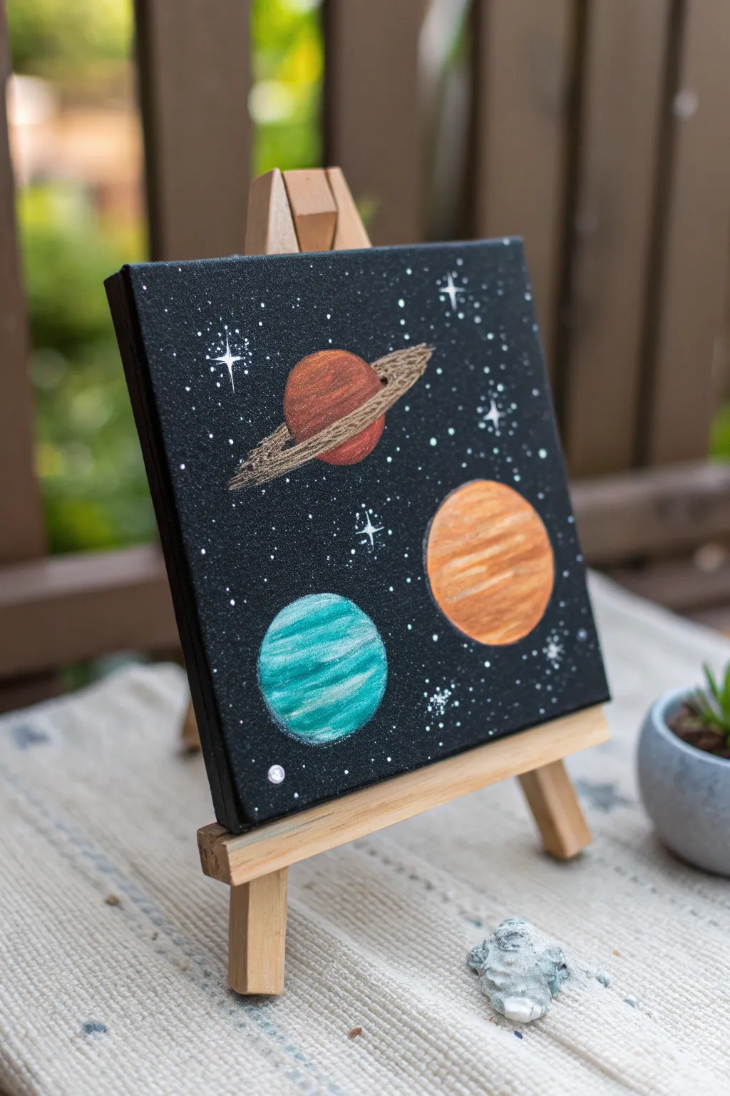 Beginner-friendly planet painting: bold circles, easy splatter stars, and a dreamy night-sky contrast