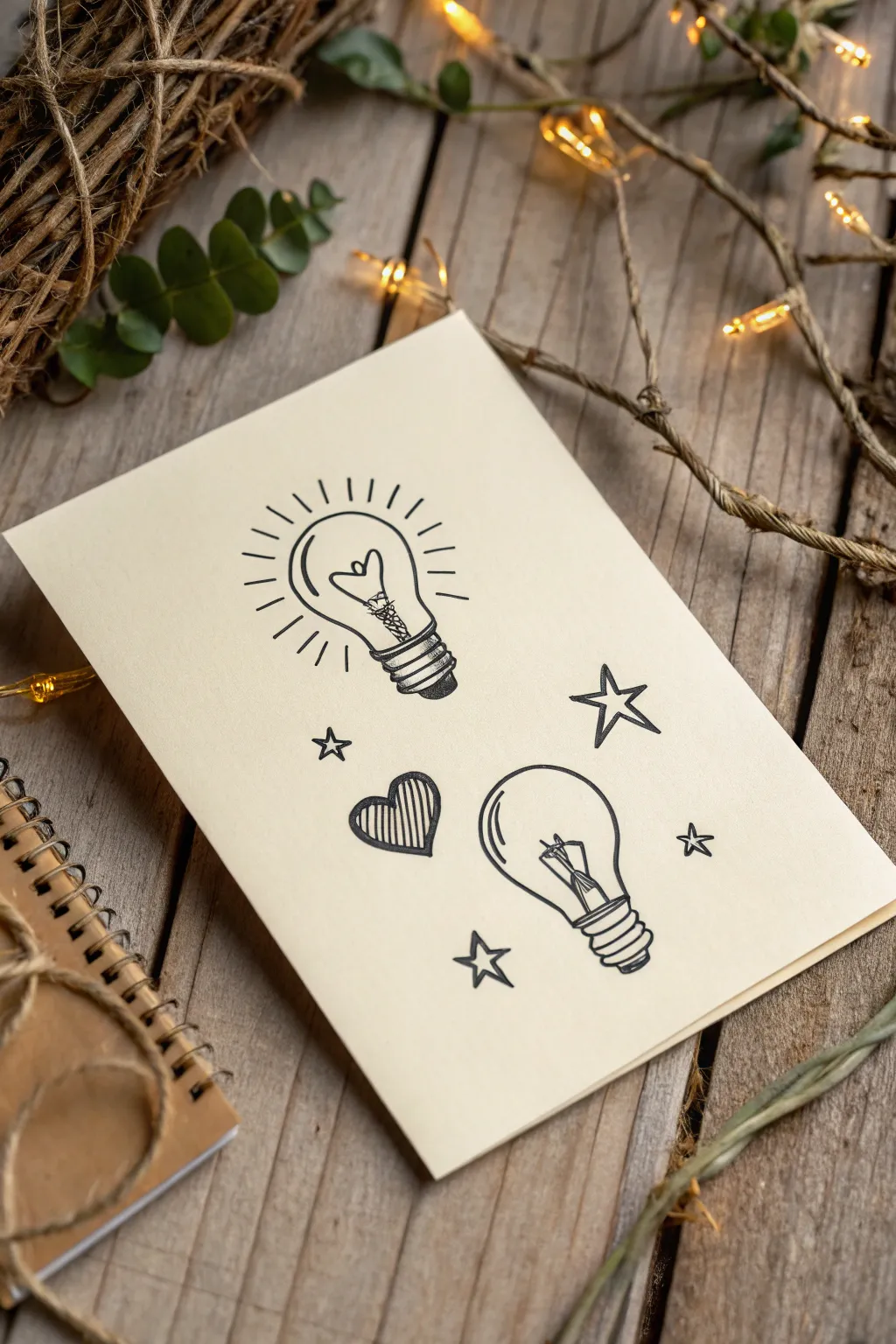 Minimal lightbulb doodles with cute filaments and glow lines, clean Scandinavian + boho vibes