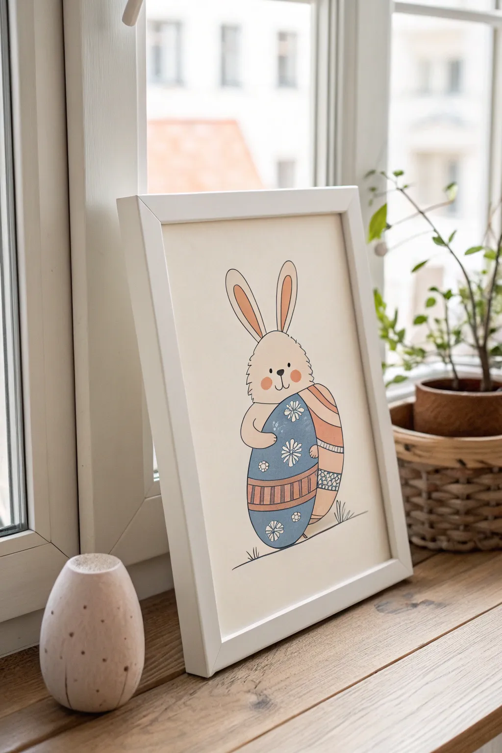 Simple bunny hugging a giant Easter egg, minimal shapes and bold Scandinavian boho colors