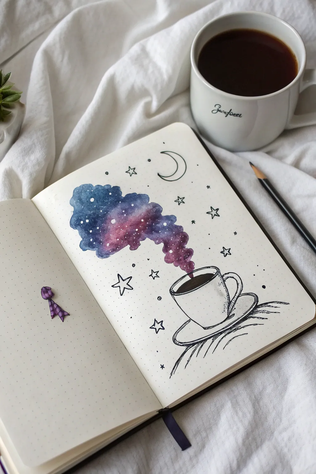 Easy galaxy-in-a-teacup doodle: simple cup lines with dreamy starry steam for beginners.