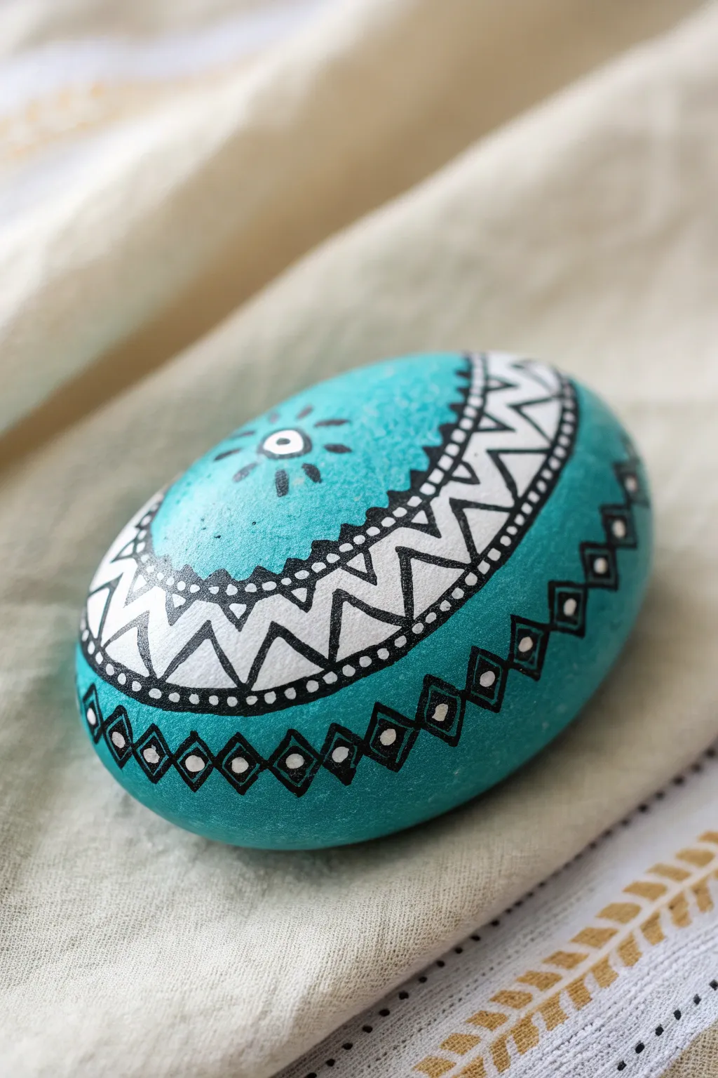 Bright painted rock with crisp black-and-white doodle border for simple, chic DIY decor.