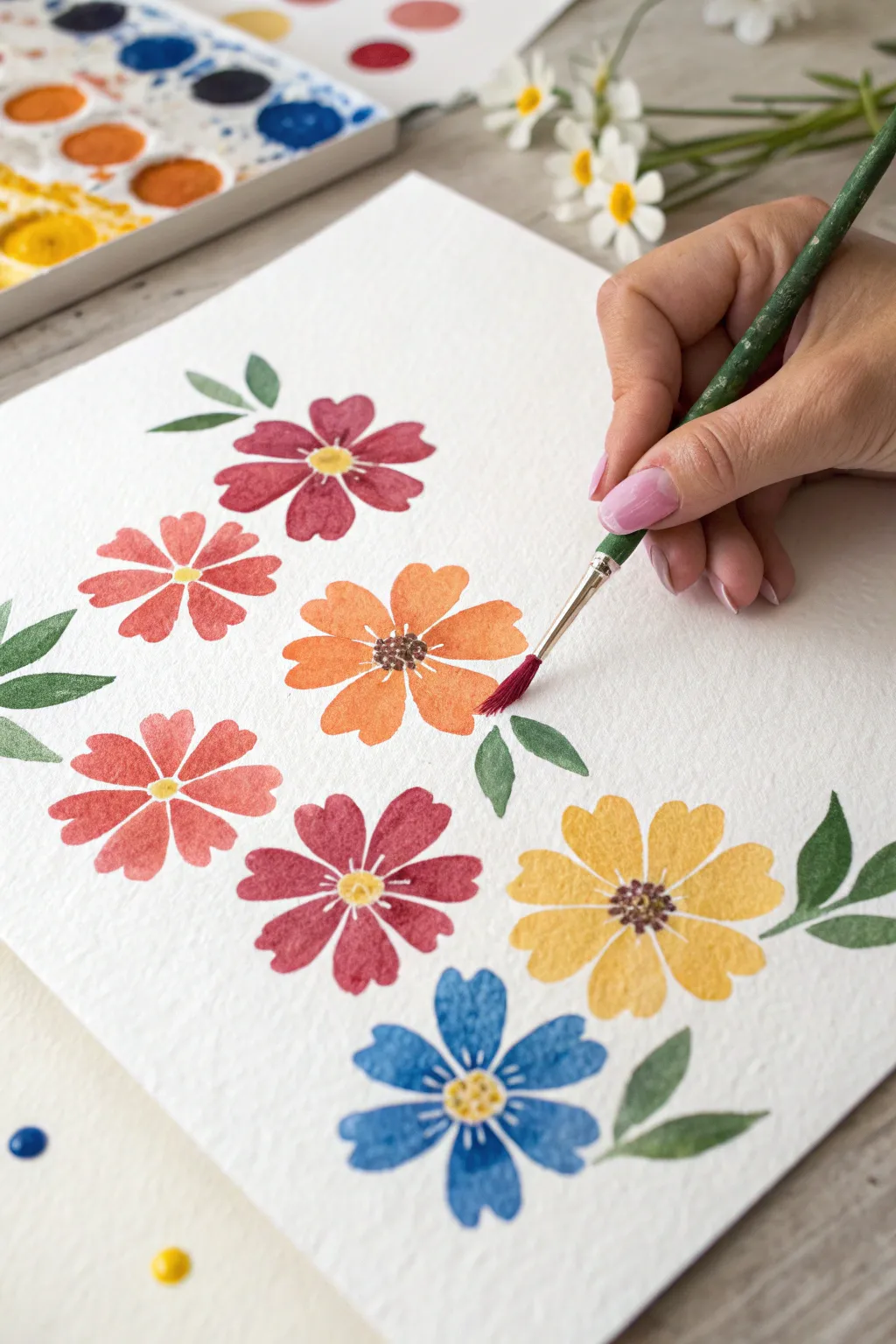 Easy finger-painted five-petal flowers with dot centers and simple stems on bright white paper.