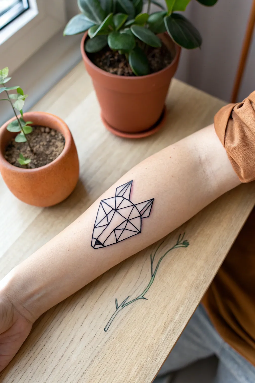 Crisp geometric animal head linework tattoo, minimalist and bold with a soft Scandinavian vibe.