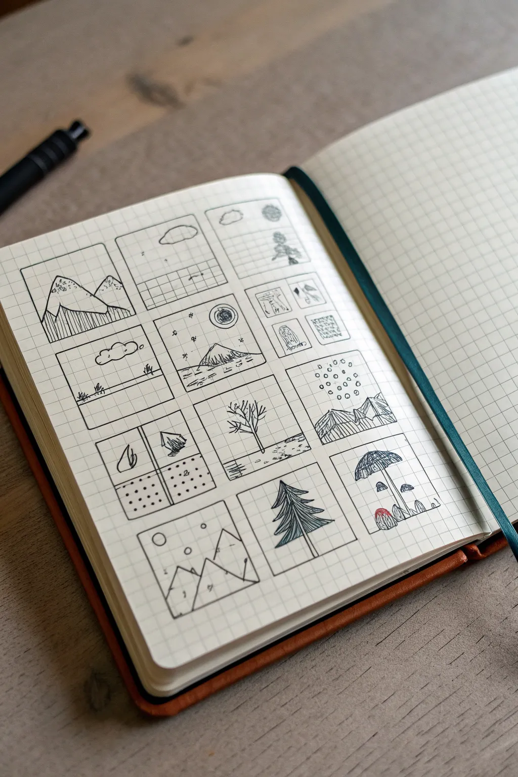 A calming 4x4 grid of tiny 5-minute sketches with bold color pops for easy daily practice