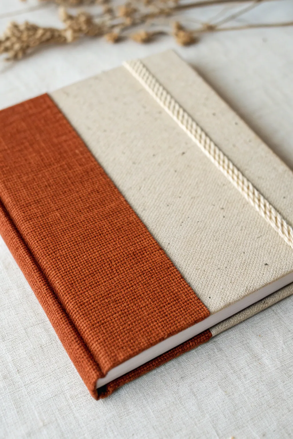 Minimal fabric-panel sketchbook cover with simple stitching and warm, cozy handcrafted details