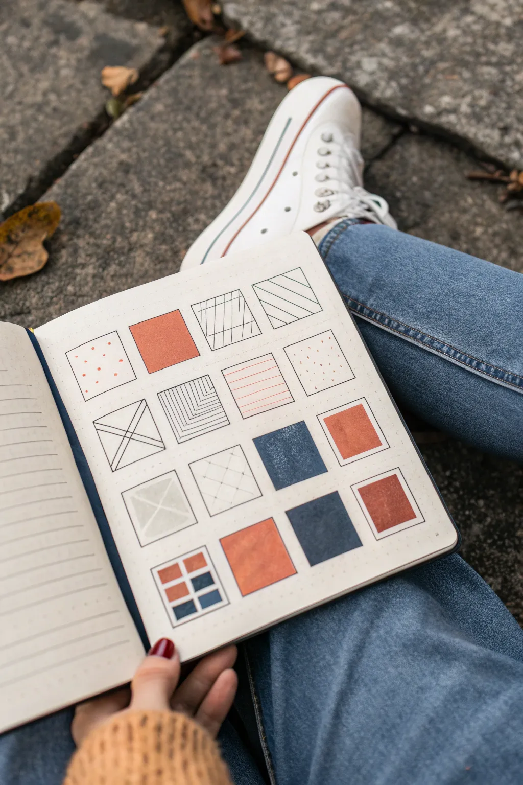 Tiny thumbnail grids for quick composition practice, clean minimalist sketchbook page with bold values