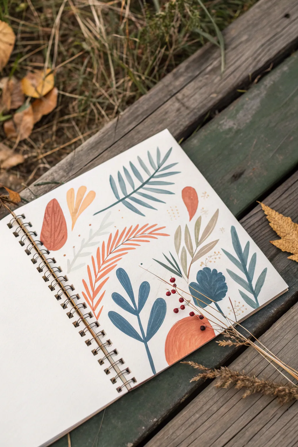 Paint loose shapes first, then let simple line drawing dance on top in your sketchbook.