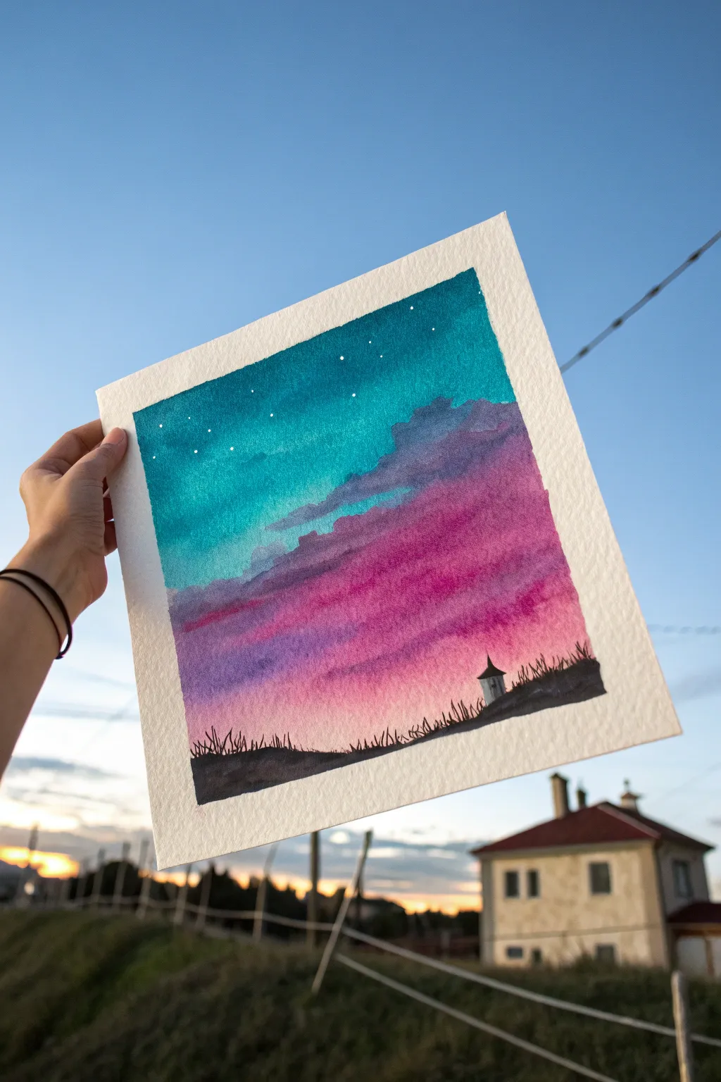 Teal-to-magenta surreal sky gradient with a tiny black silhouette, minimalist and boldly dreamy