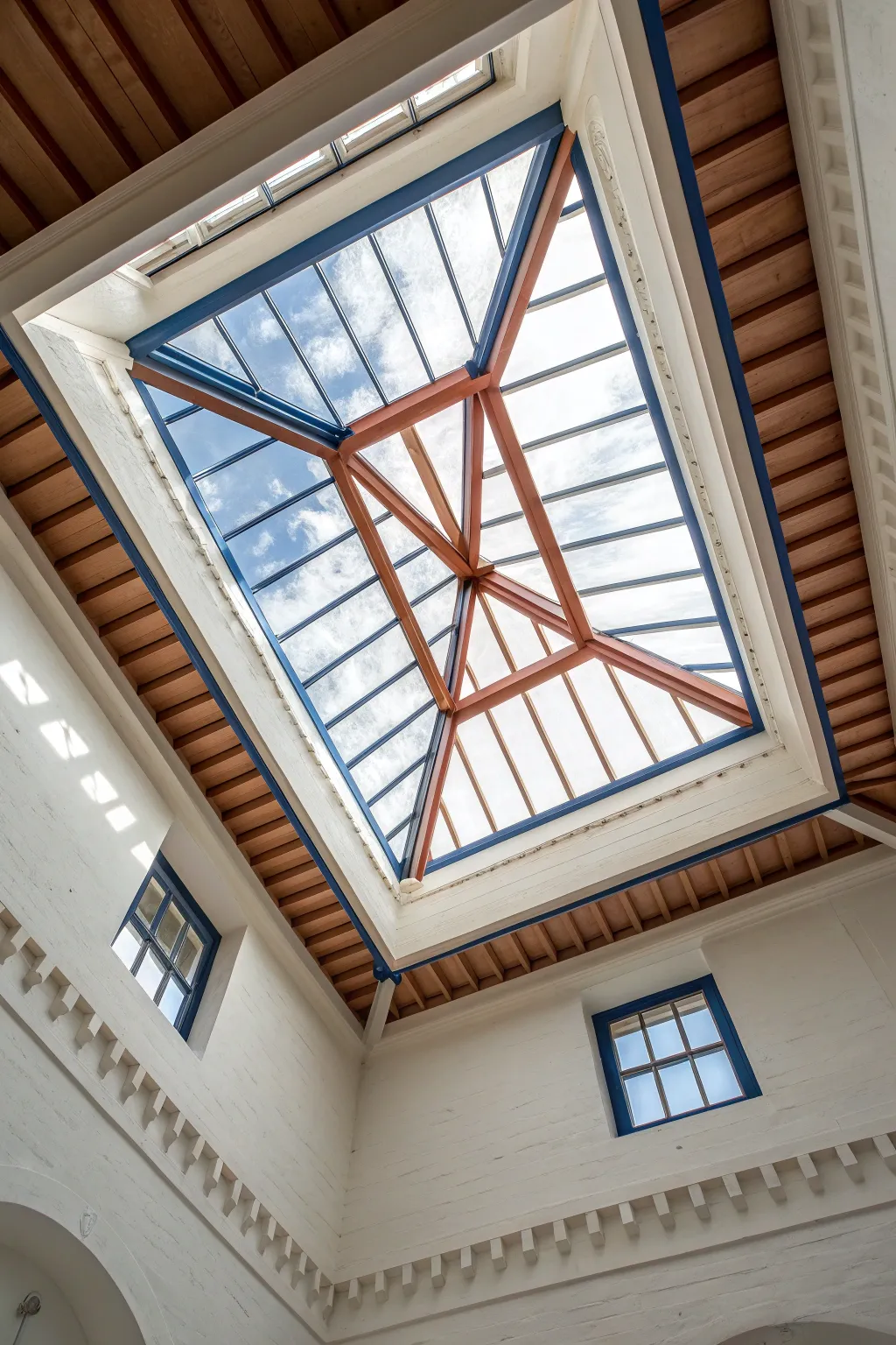 Hand-painted ribs turn a plain skylight well into bold built-in architecture with boho warmth.