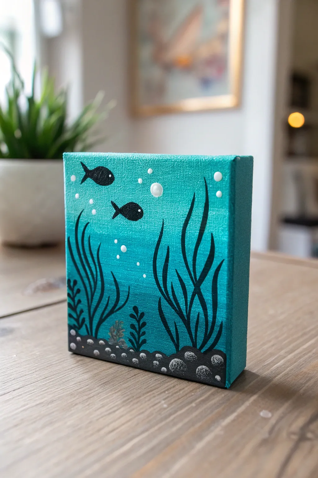 Tiny turquoise underwater acrylic painting with bubbles and seaweed in clean minimalist style