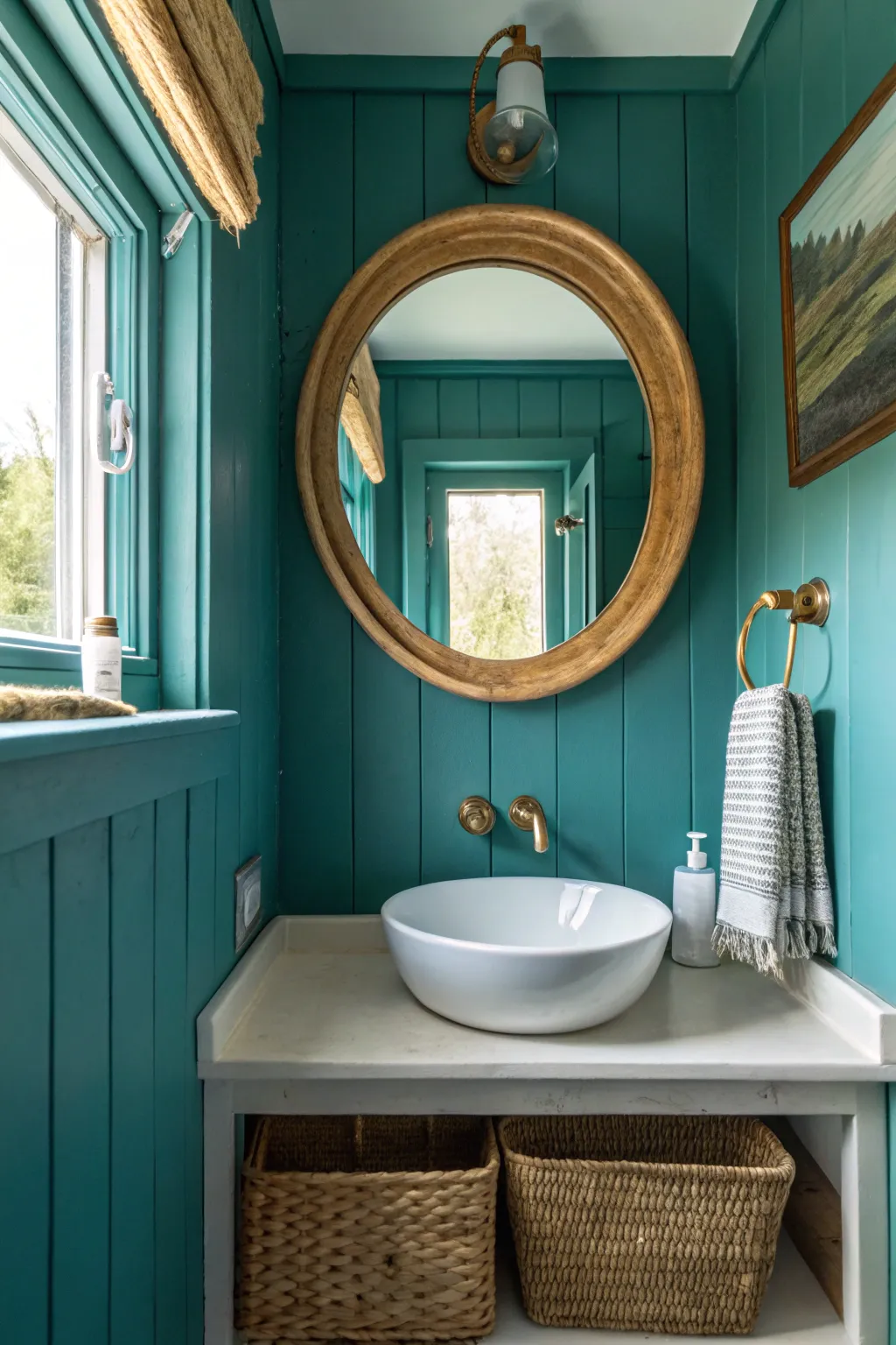Teal color drenching adds depth to a small bathroom, lifted by soft light and warm brass.