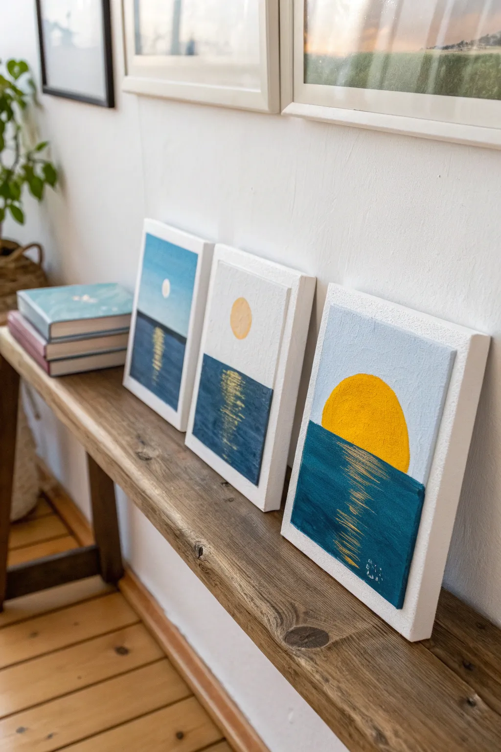 Tiny canvas trio: one simple scene in sunrise, noon, and midnight hues for a chic minimalist boho wall.