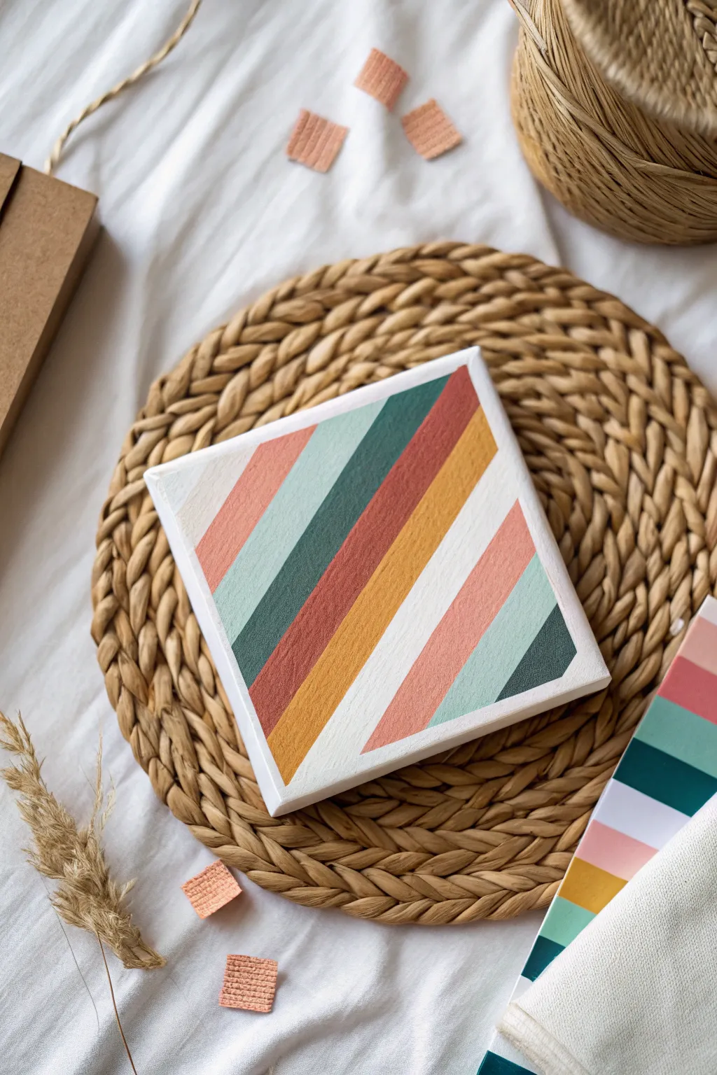 Beginner mini canvas: crisp diagonal stripes revealed by peeled tape, bold colors with clean edges.