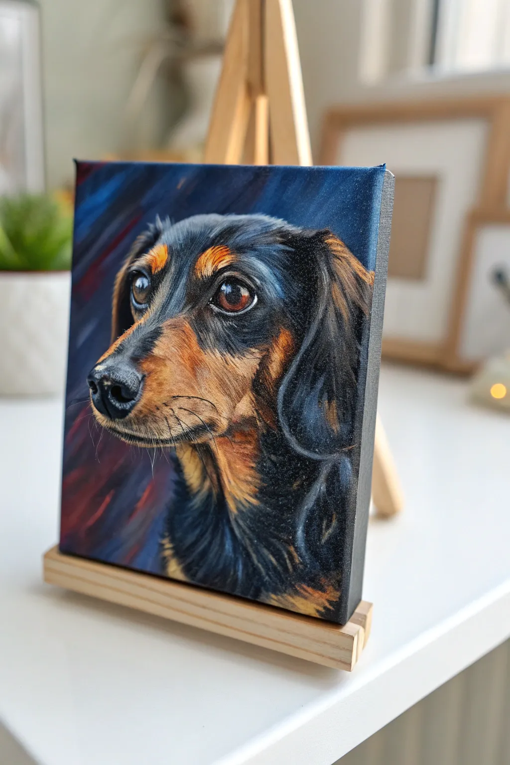 Palm-sized oil pet portrait: just eyes and nose, bold color pops and textured brushwork