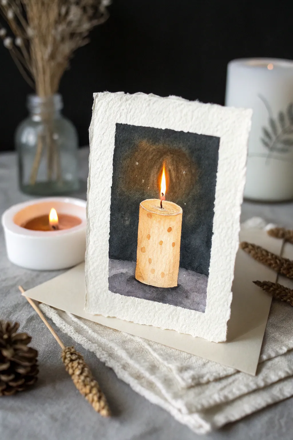 Cozy candle glow still life: simple shapes, soft edges, and bold contrast for an intimate mood