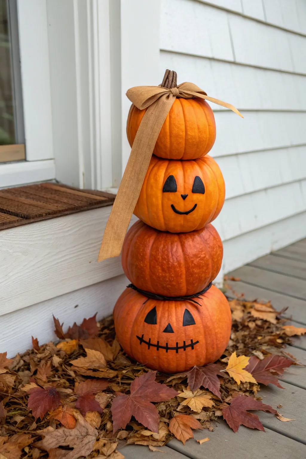 Stacked mini pumpkin totem with a simple painted face and linen ribbon scarf for cozy porch charm.