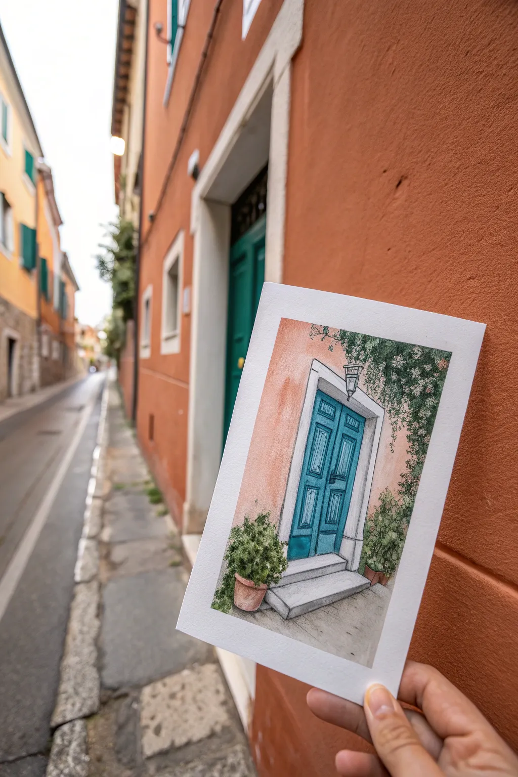 Tiny ink-and-wash street corner watercolor, clean Scandinavian flat lay with a bold pop of color.